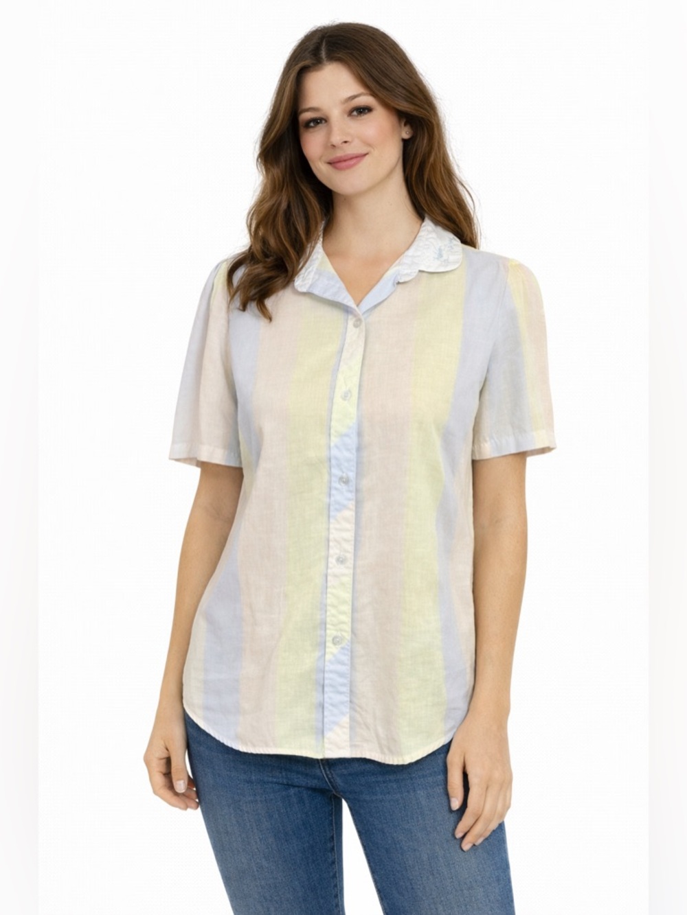 Vintage 80s Pastel Stripe Embroidered Collar Button Up Blouse USA Cottagecore